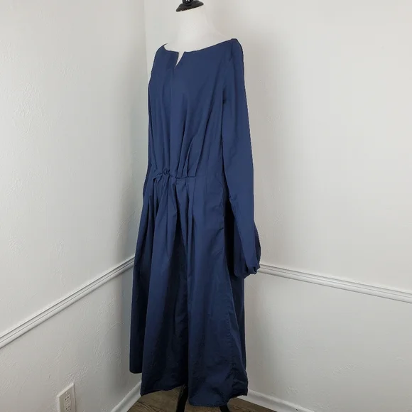 Eshakti Dress Bishop Sleeve Cotton Poplin Pleated Navy Blue Modest Classic Midi - Picture 5 of 15